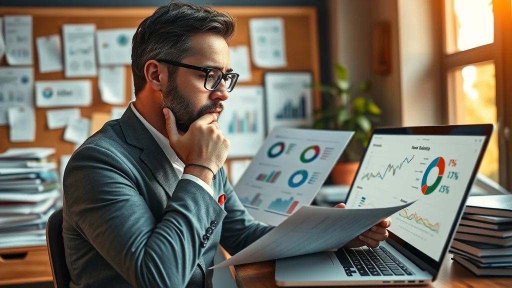 business owner analyzing ecommerce software comparison charts and sector profiles in a stylish office environment