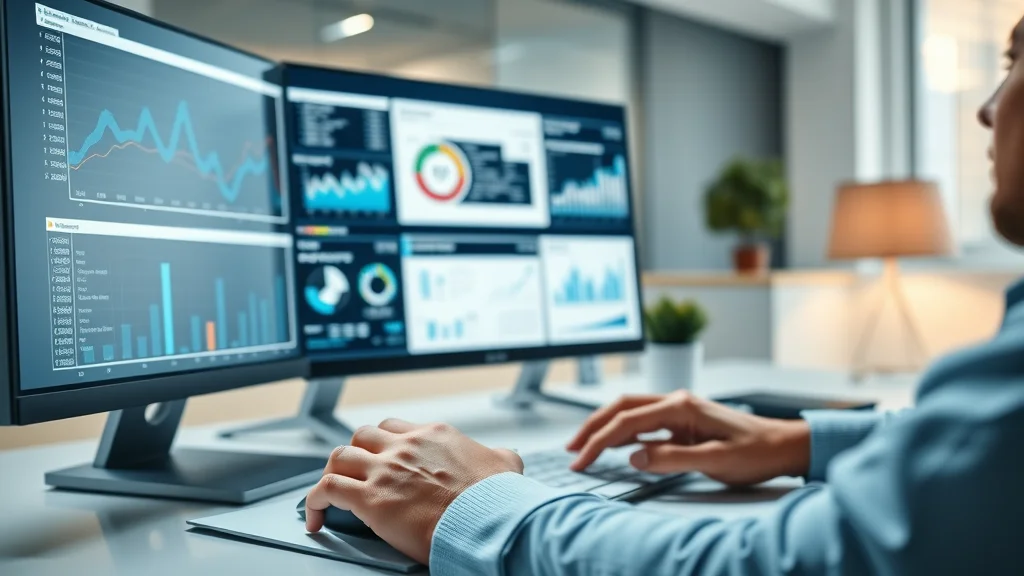 Business intelligence software interface. Professional hands using analytics dashboards in a modern office. Data integration and visualization highlighted.