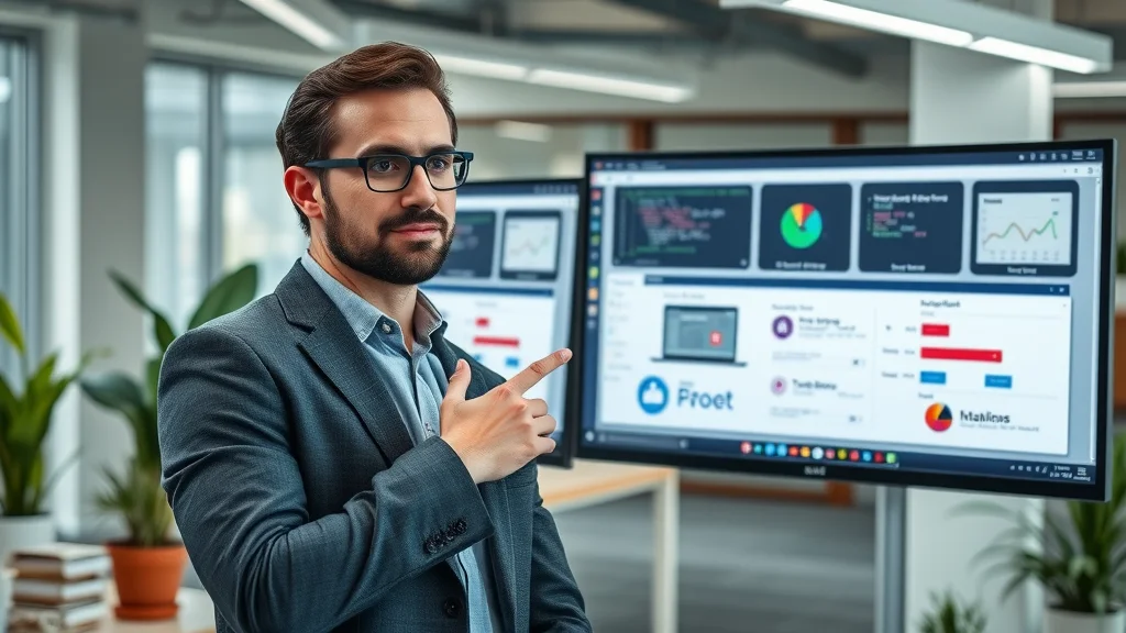 comparison of open source and SaaS e-commerce platforms with business person pointing at dashboards in a modern office
