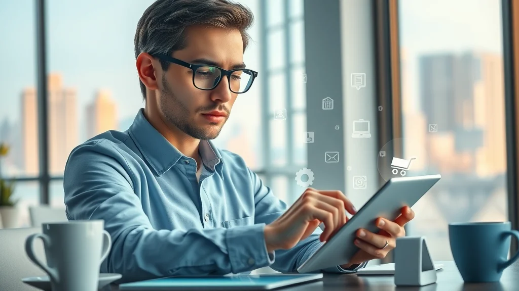 digital commerce software solution with professional using a tablet and e-commerce icons floating in a modern workspace