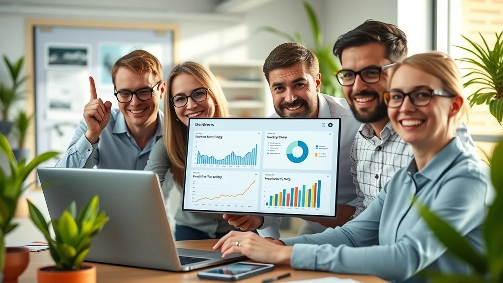 Small business team collaborating with business intelligence & analytics software applications and solutions dashboard. Modern sunlit office, digital data visualization in focus.