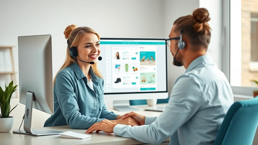 online store customer service with friendly agent offering live chat and a clean, user-friendly interface