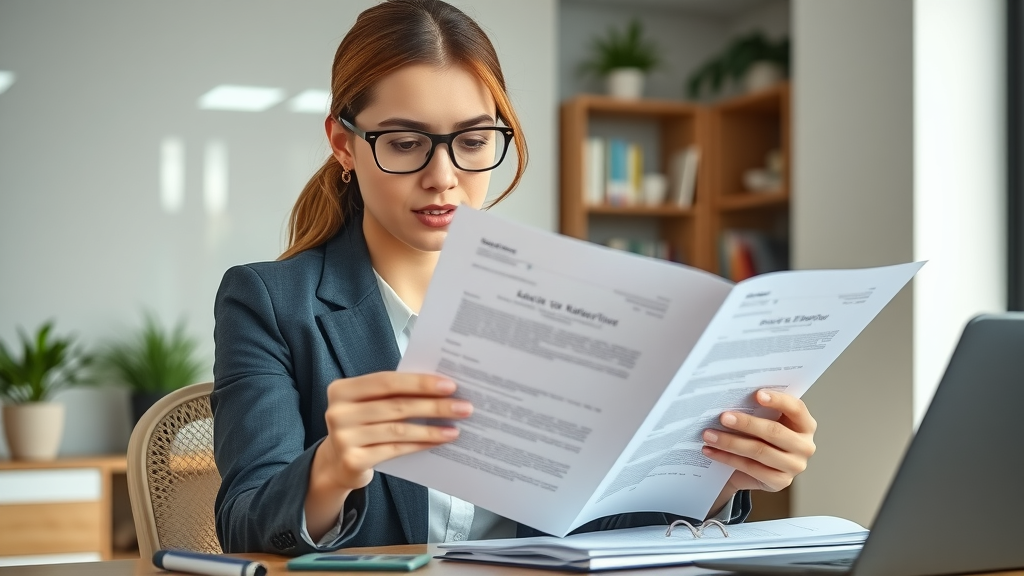 content marketer evaluating white paper and case study reports at office desk