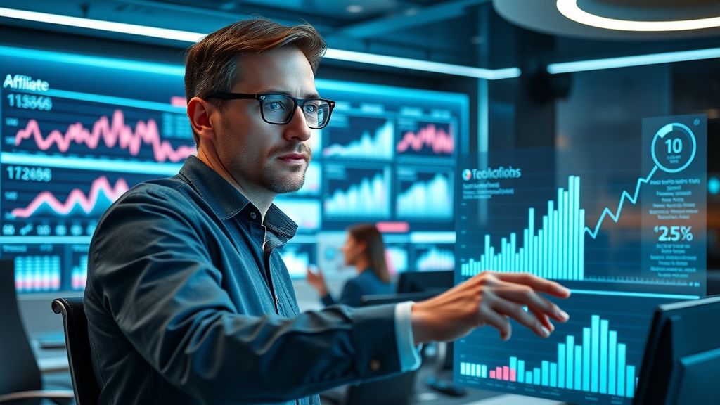 visionary marketers tracking affiliate program trends with futuristic data visualization tools