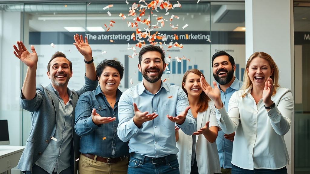content marketing team celebrating affiliate sales milestone, vibrant energetic office with marketing diagrams and confetti