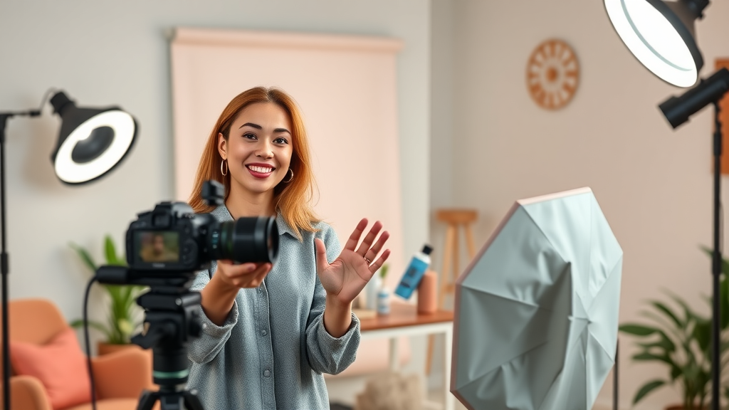 influencer collaborating with affiliate partners, recording promotional video, well-lit home studio, social media comment animations