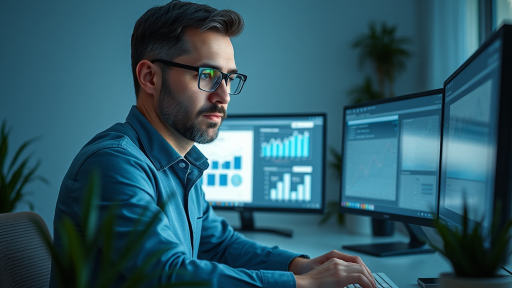 data analyst reviewing content marketing ROI metrics on computer monitors