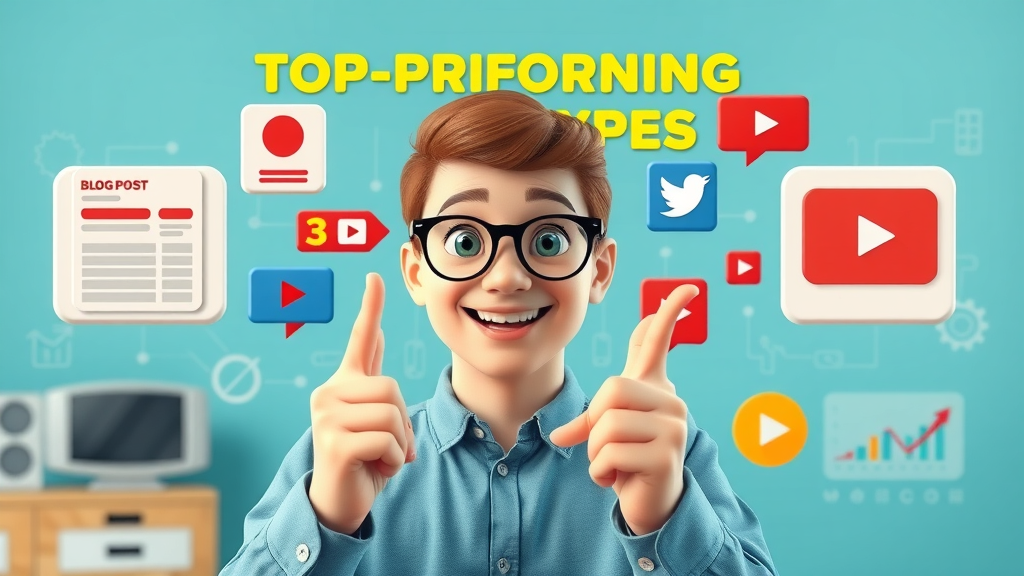 types of content for content marketing: blog posts, social media, video collage, infographic studio