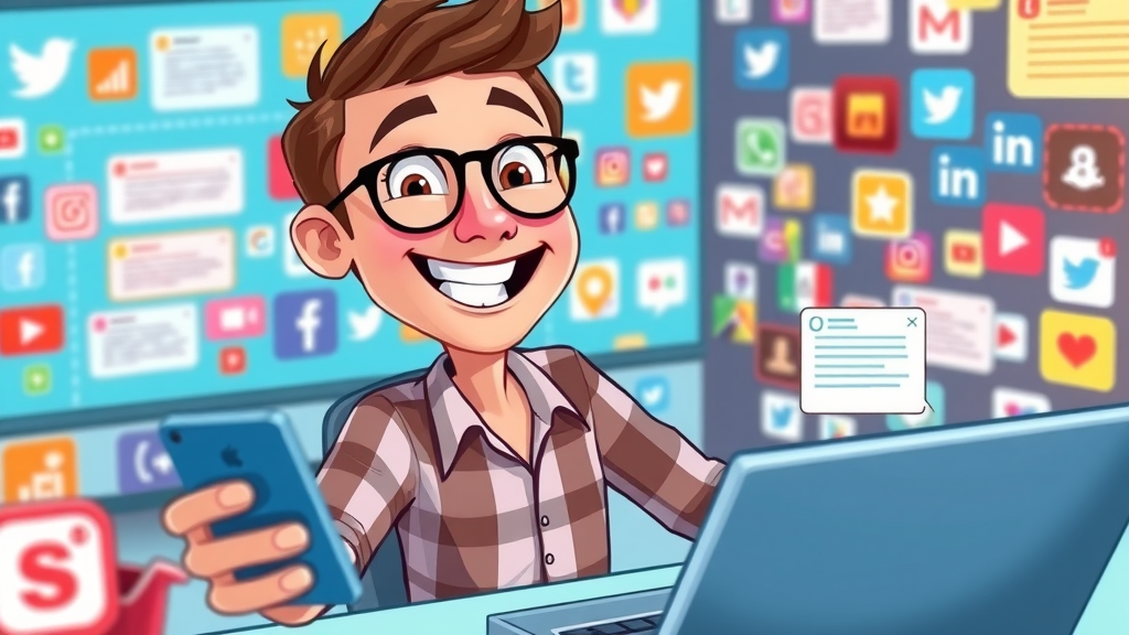 social media marketer managing multiple platforms, scheduling posts, digital workspace filled with social network icons
