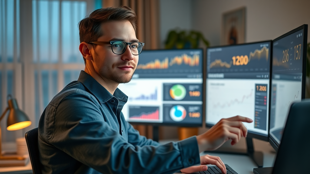 successful affiliate marketer analyzing performance in a modern workspace