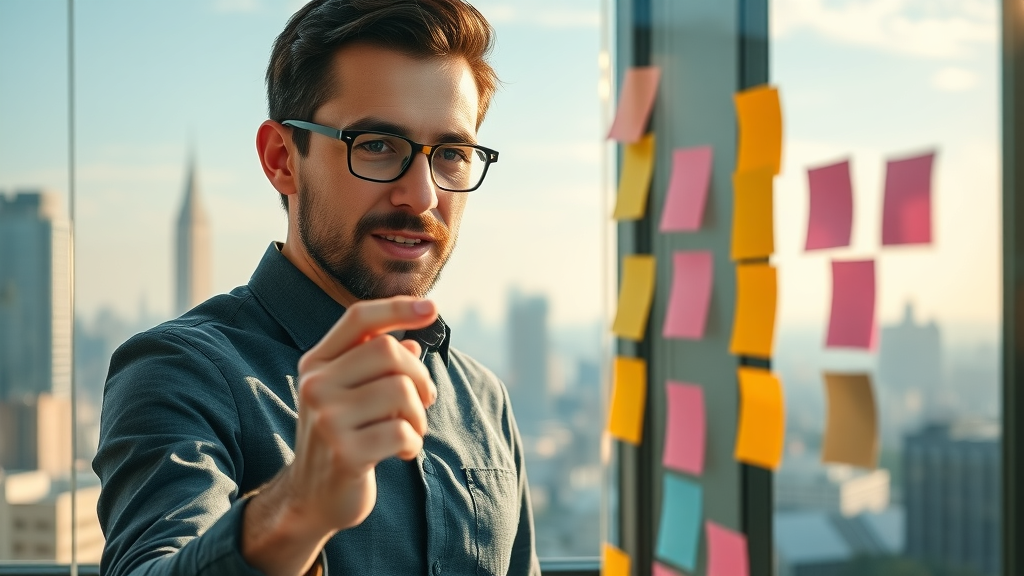 entrepreneur planning digital marketing strategies, colorful sticky notes, city skyline background, creative workspace