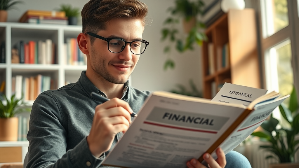 Young adult reading financial literature to understand passive income streams