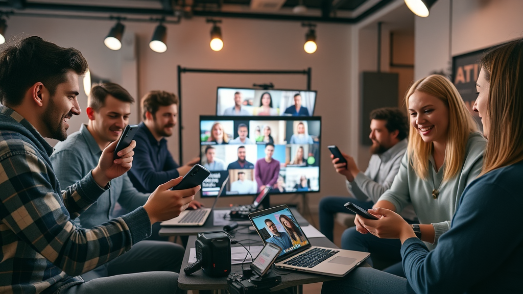 marketing team producing content, setting up video shoot, social media icons, branded props in trendy studio