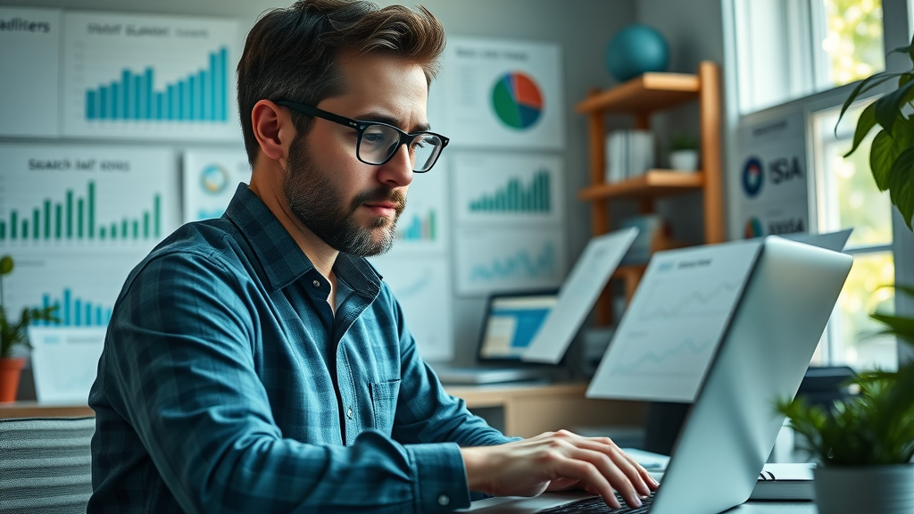 SEO expert optimizing website, reviewing rankings on laptop, office with SEO charts and rising graph animations