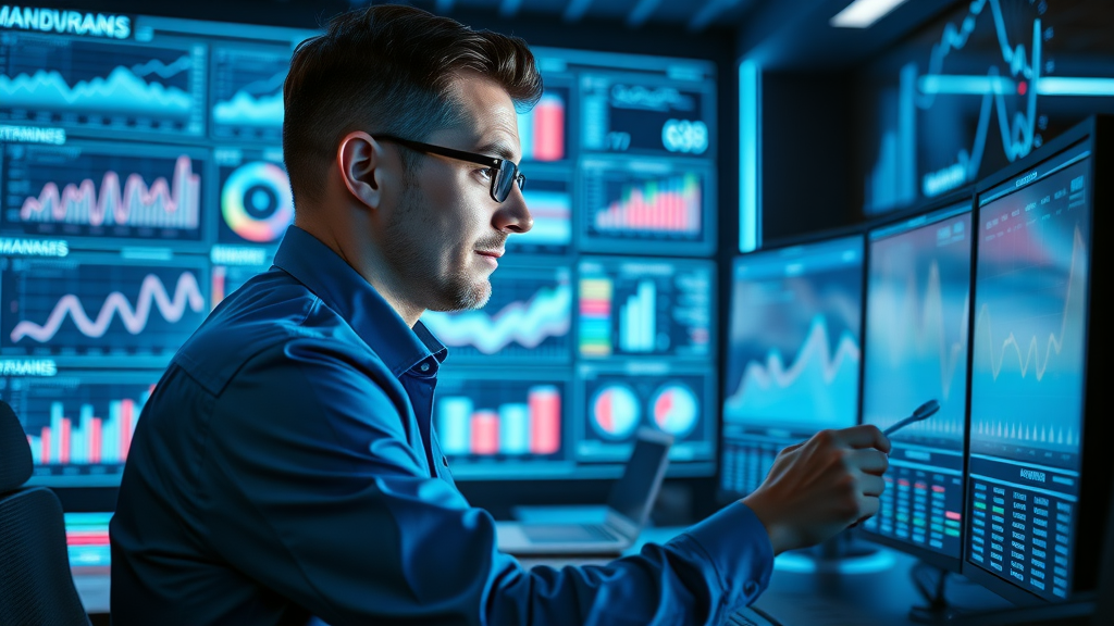 marketing analyst tracking analytics dashboard, futuristic control room with digital data and high contrast neon lighting