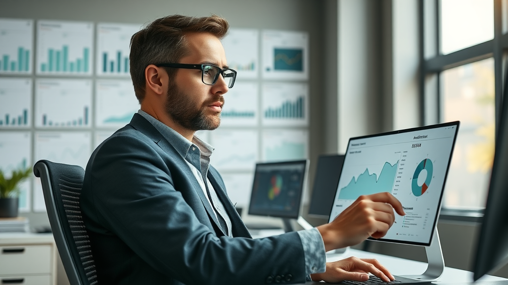 analytical affiliate manager reviewing affiliate program performance and analytics dashboard