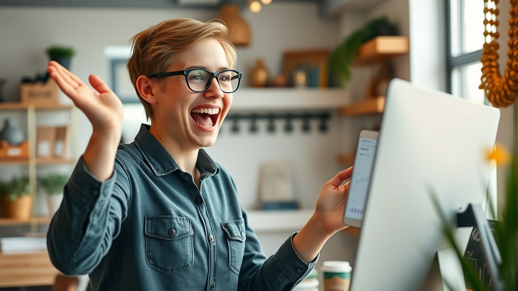 small business owner celebrating digital marketing success, viewing sales chart on computer in boutique shop