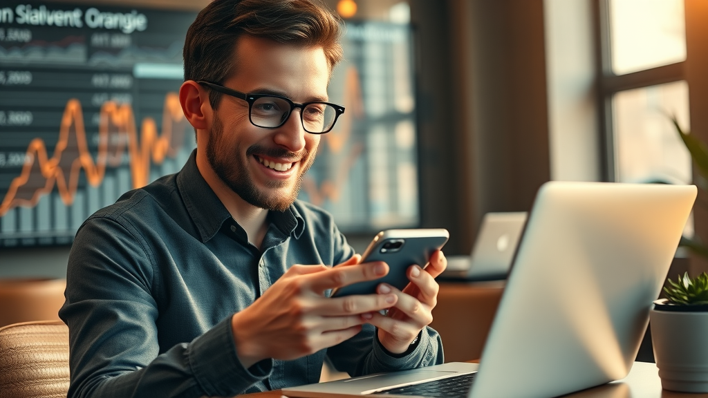 digital marketer monitoring email campaigns on mobile device and laptop, cozy café, digital graphs and notifications