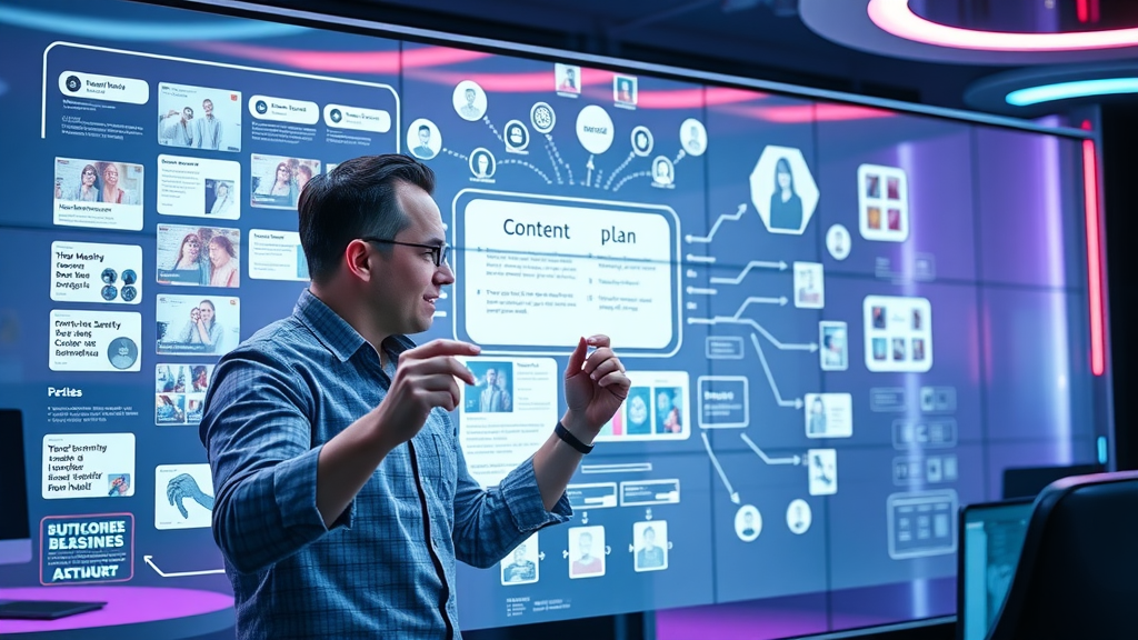 marketer mapping out a digital content marketing plan, futuristic workspace with holographic displays