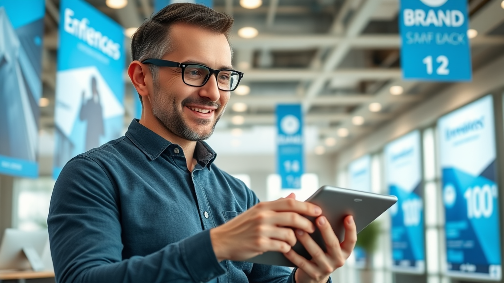 brand manager growing brand awareness, interacting on tablet, open workspace with branded digital visuals