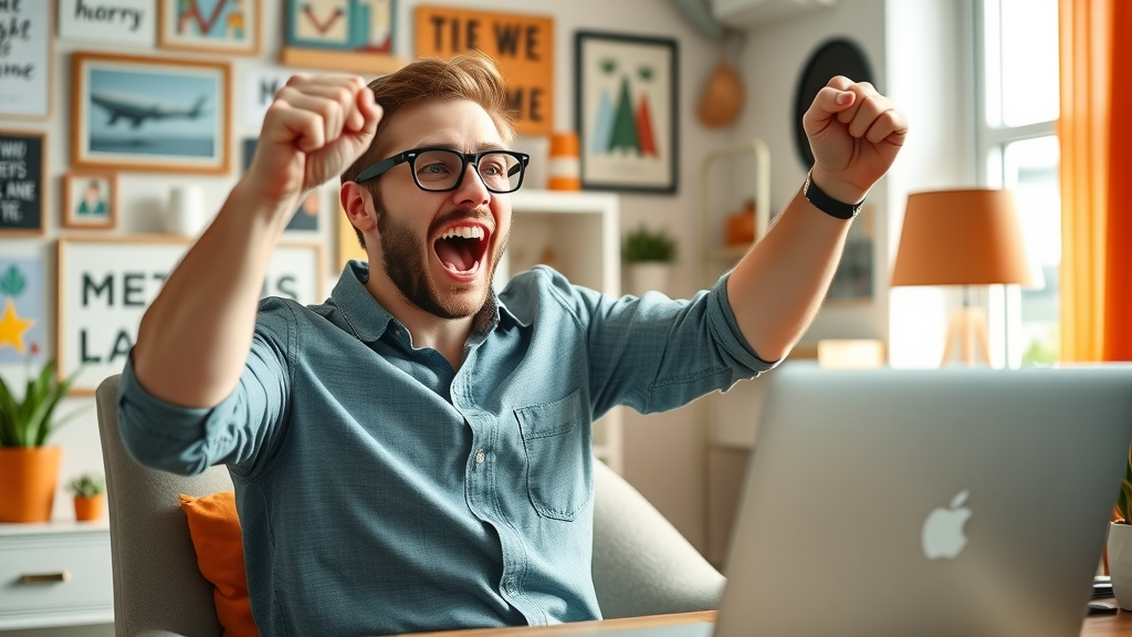 triumphant affiliate marketer celebrating fast commission payout