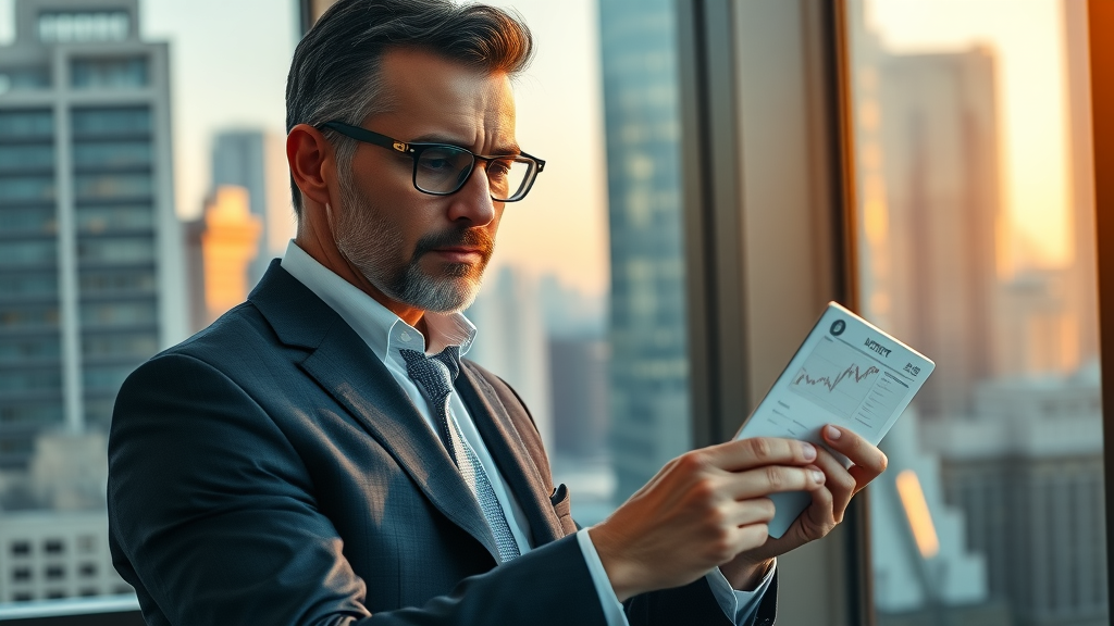 Affluent investor reviewing passive income investment portfolio on touchscreen display