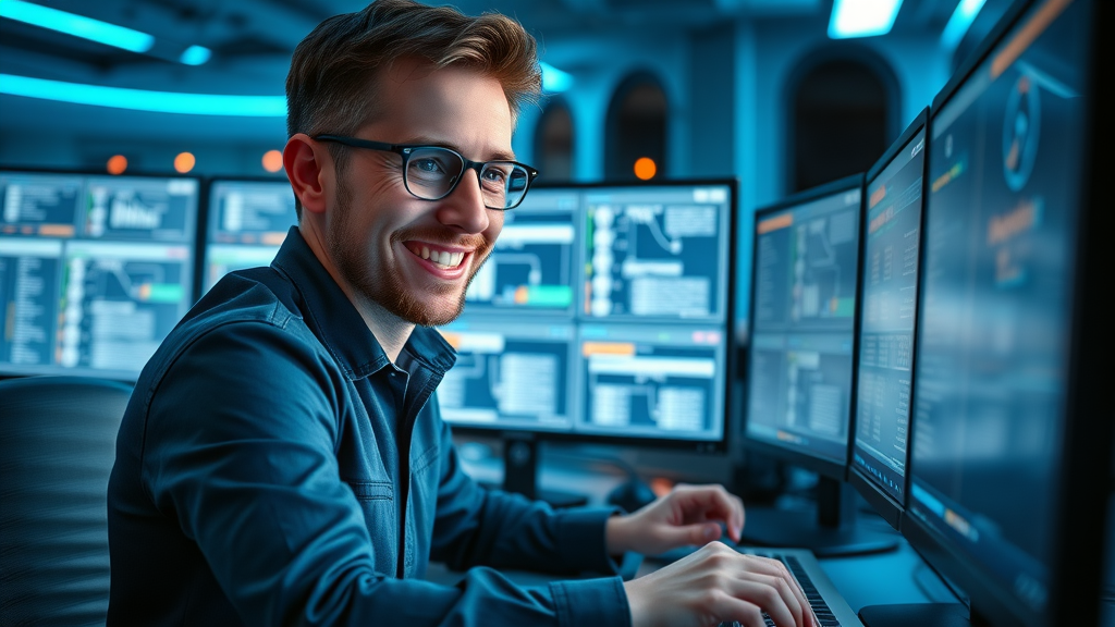 Marketer configuring automation plugins for affiliate campaigns, tools and plugins, futuristic workflow station