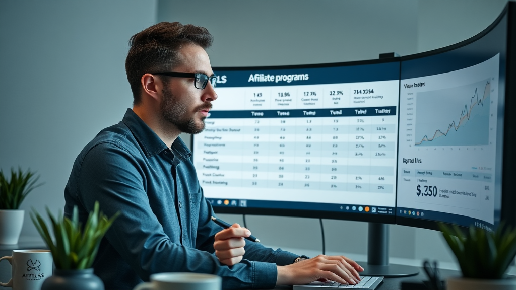 Marketer reviewing affiliate program comparison table, stats on monitor, comparing affiliate program options