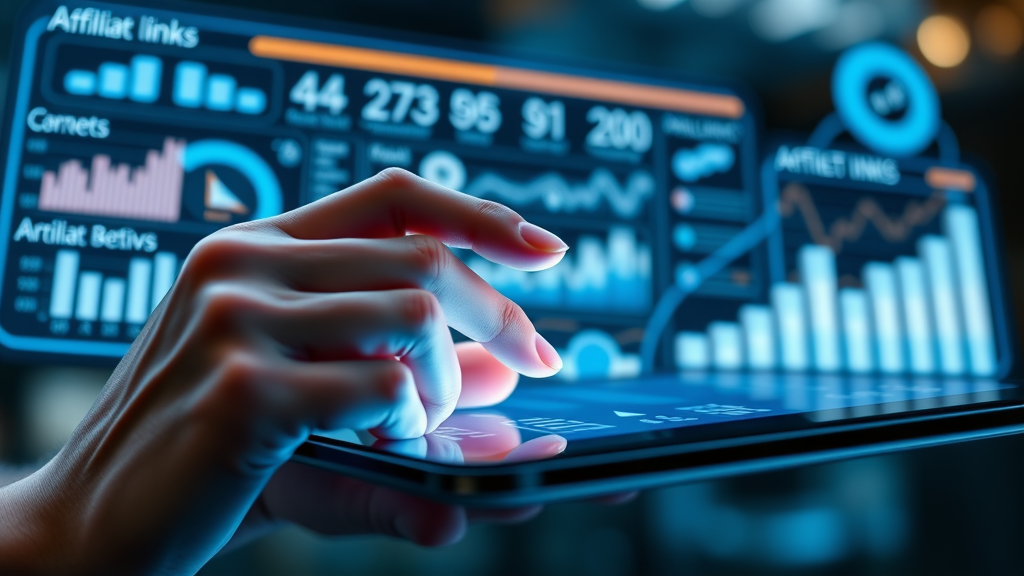 Hands analysing affiliate link tracking dashboard, conversion rates, tablet analytics in sleek workspace