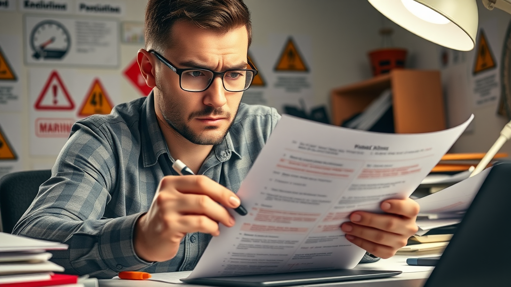 Concerned affiliate marketer highlighting affiliate marketing tips mistakes; cluttered desk, warning signs, red markers, realistic lighting