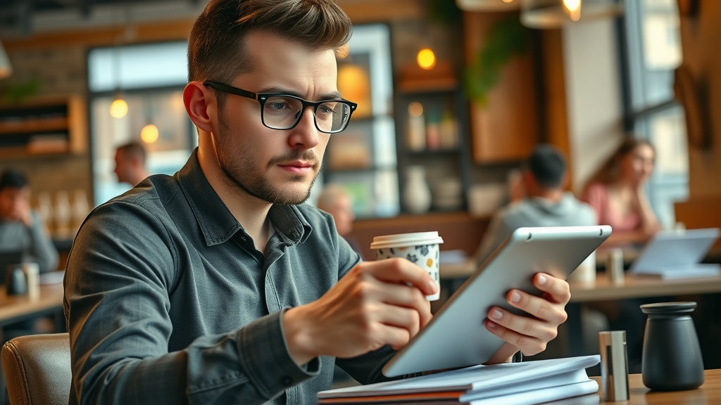 Inspiring beginner affiliate marketer researching affiliate marketing tips, thoughtful expression, in cozy cafe with planners, tablet, and warm lighting