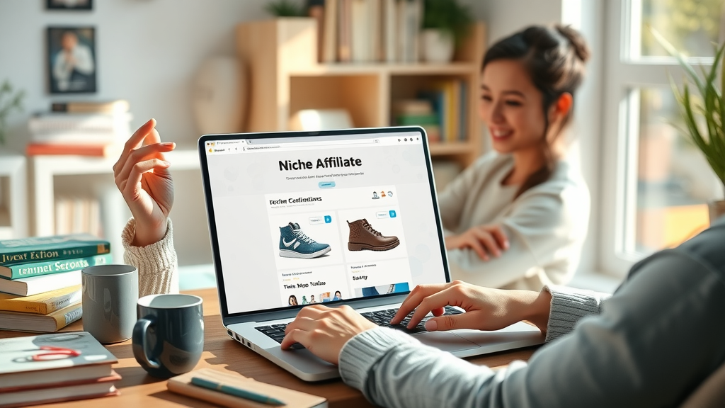 Laptop shows niche affiliate website, product recommendations, building a niche website for affiliate marketing, creative workspace