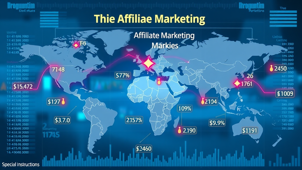 Infographic global affiliate marketing markets, showing major markets, currencies and earnings symbols, with glowing data points. make money with affiliate marketing