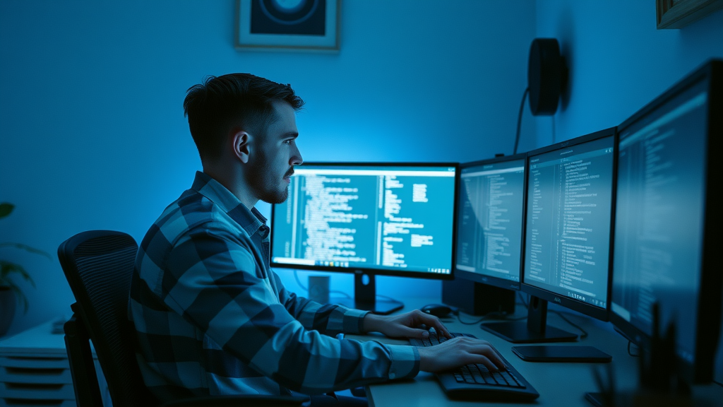 focused remote worker entering data on multiple monitors, example of data entry for earning money online