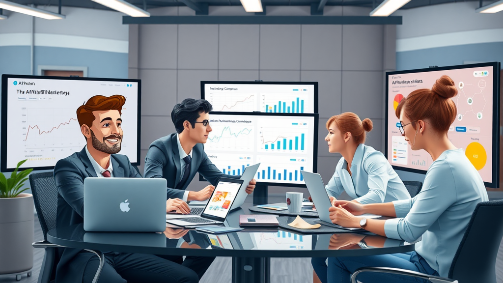 Dynamic business team setting up marketing campaigns at European tech workspace, affiliate network graphics