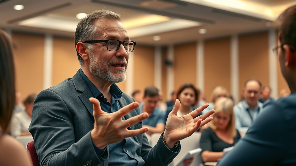 Knowledgeable affiliate marketing expert answering Q&A, diverse audience engaged, seminar setting