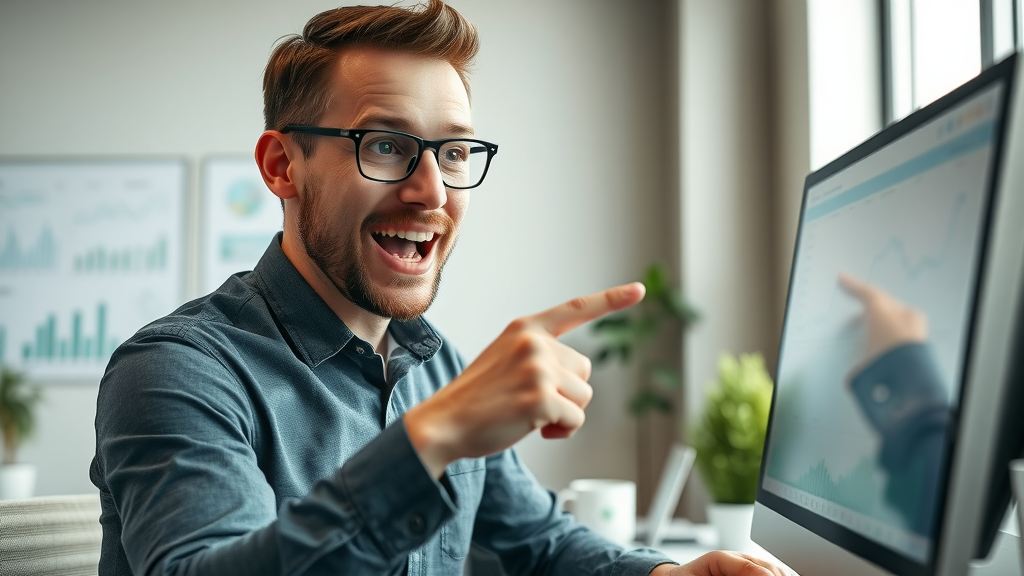 Successful affiliate marketer reviewing conversion rates for affiliate marketing tips, pointing at growth chart in modern office