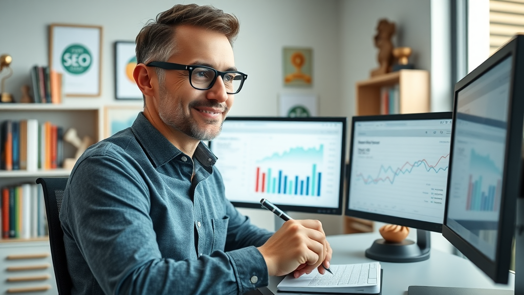 SEO specialist reviewing affiliate marketing traffic and SERP rankings, dual screens with analytics