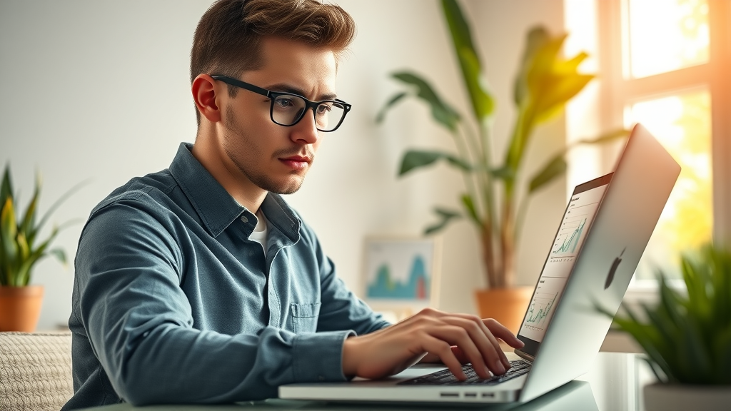 Young professional analysing affiliate dashboards, make money with affiliate marketing, laptop, graphs and earnings charts, bright modern home office