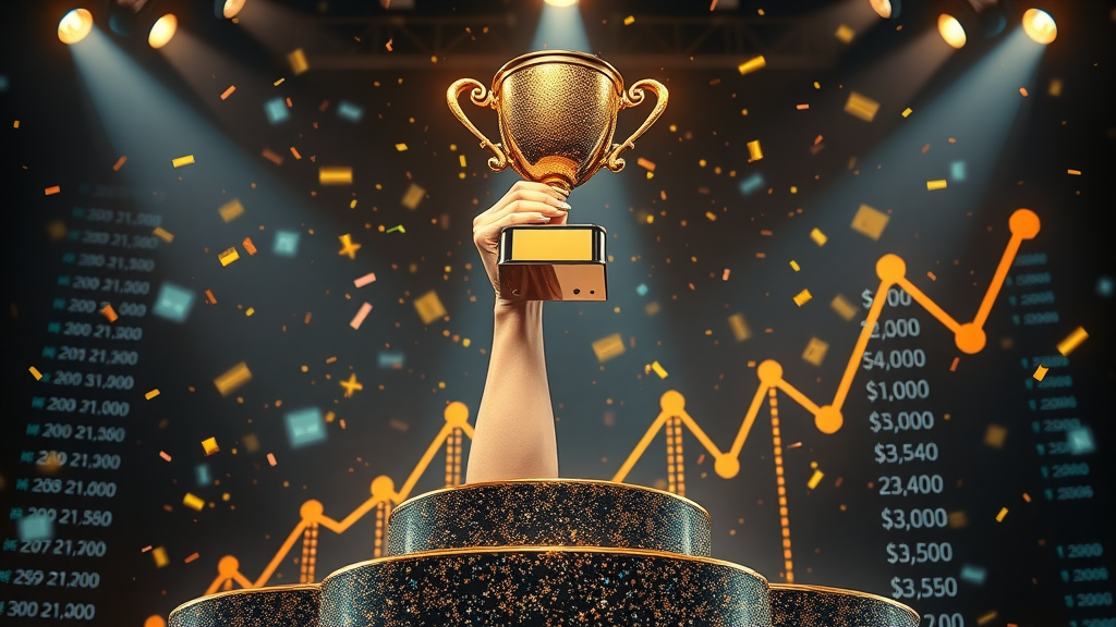 Achieving affiliate marketing tips success, trophy held high above digital stats, celebratory scene, gold and vibrant colours, dramatic spotlight