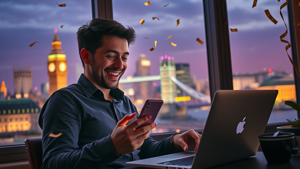 Happy entrepreneur checking affiliate payout notifications, animated London skyline, smartphone and laptop with glowing dollar signs, best affiliate programs UK