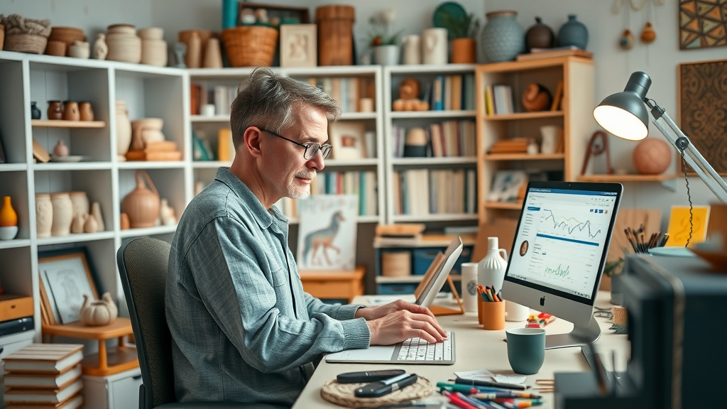 Artisan UK creator uploading products online for Etsy affiliate program, home craft studio, desktop showing Etsy analytics