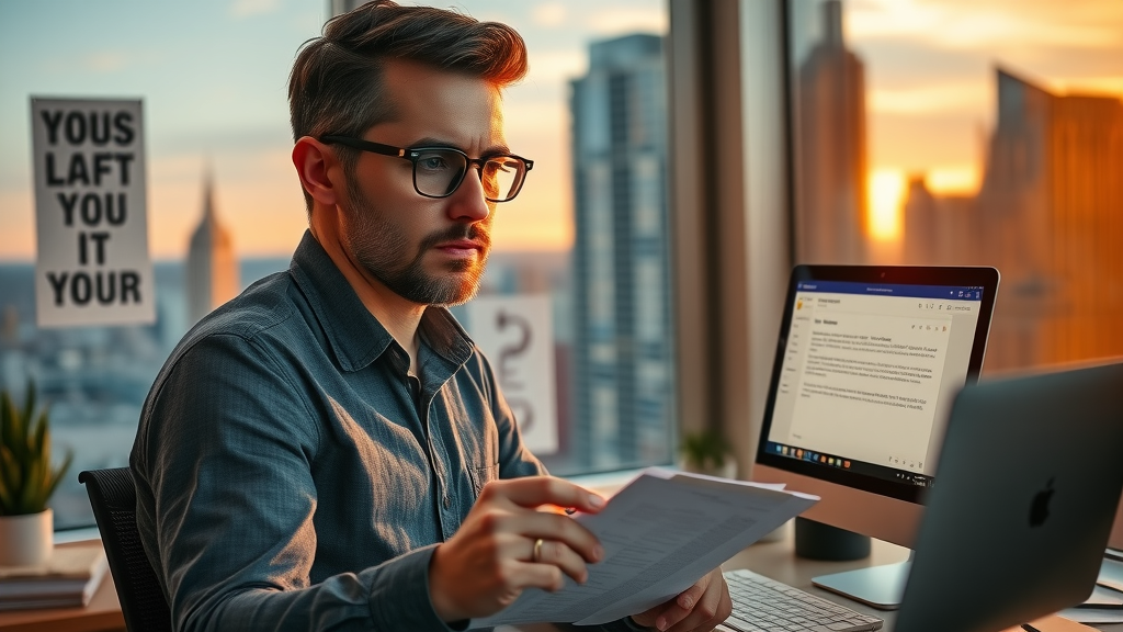 Resilient affiliate marketer reviewing rejection email, planning next steps in city-view office at sunset