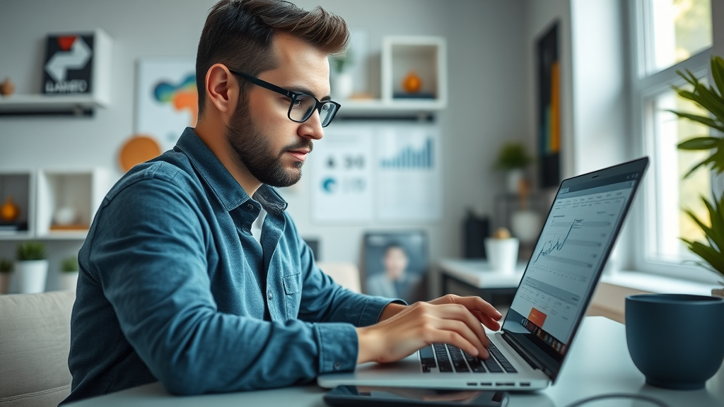 Dynamic digital marketer analysing affiliate marketing tips dashboard, Photorealistic High Fidelity Lifelike, in modern home office with technology gadgets, analysing affiliate earnings, soft natural lighting