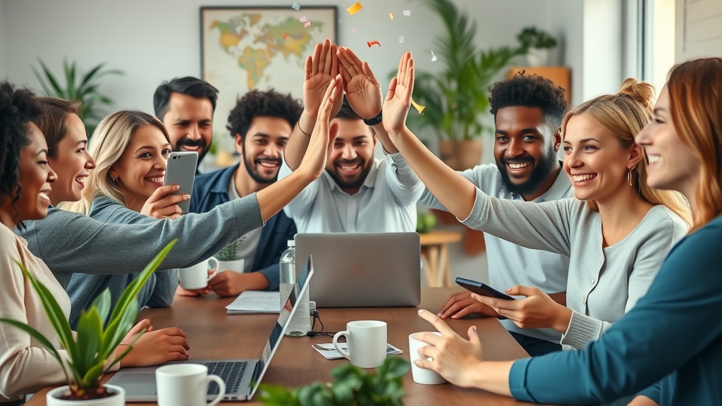 diverse group celebrating earning commissions online, high-fiving with laptops and smartphones in a modern home office
