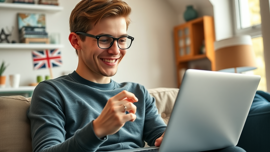 Optimistic young marketer checking affiliate earnings on laptop at home, subtle UK decor, digital overlays of money flow, best affiliate programs UK