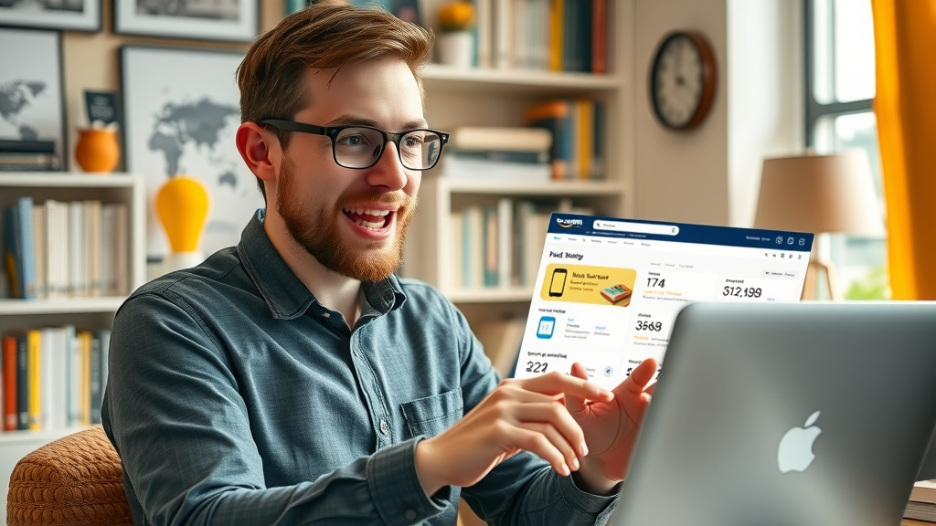 Professional UK blogger browsing Amazon Associates dashboard, cozy home office with UK-themed accessories, best affiliate programs UK