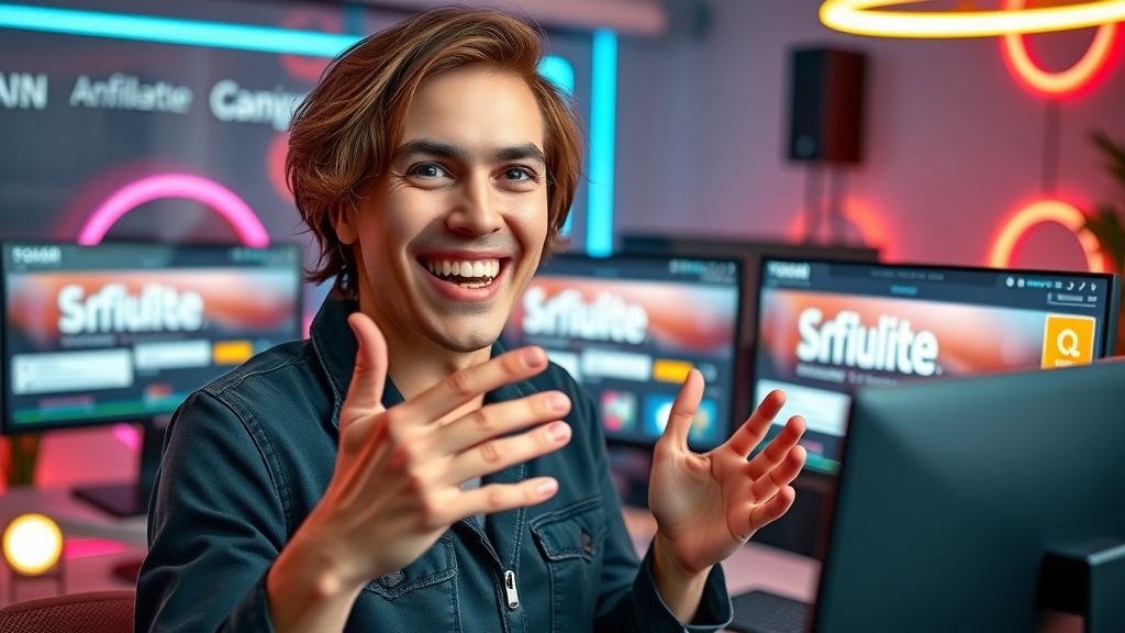 Influencer showing affiliate links on camera, leveraging social media and YouTube channel, modern vlogging setup