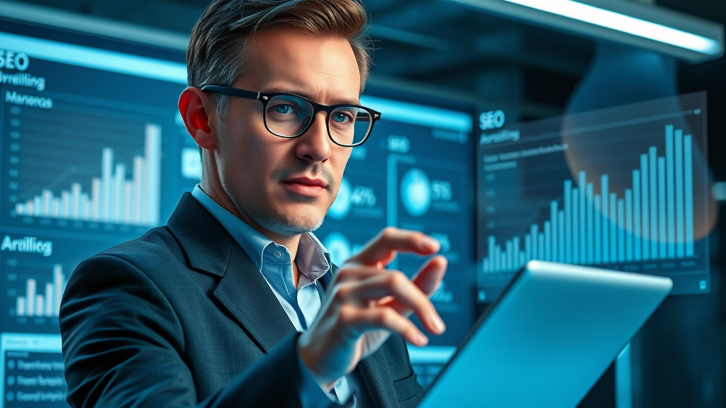 Sleek British marketer optimizing affiliate website for conversions, digital screens showing analytics and email campaigns, best affiliate programs UK