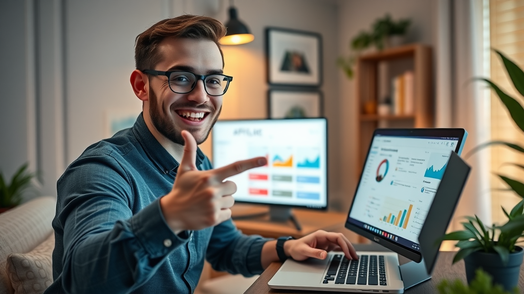 enthusiastic marketer showing affiliate dashboard on laptop, learning how to make money online